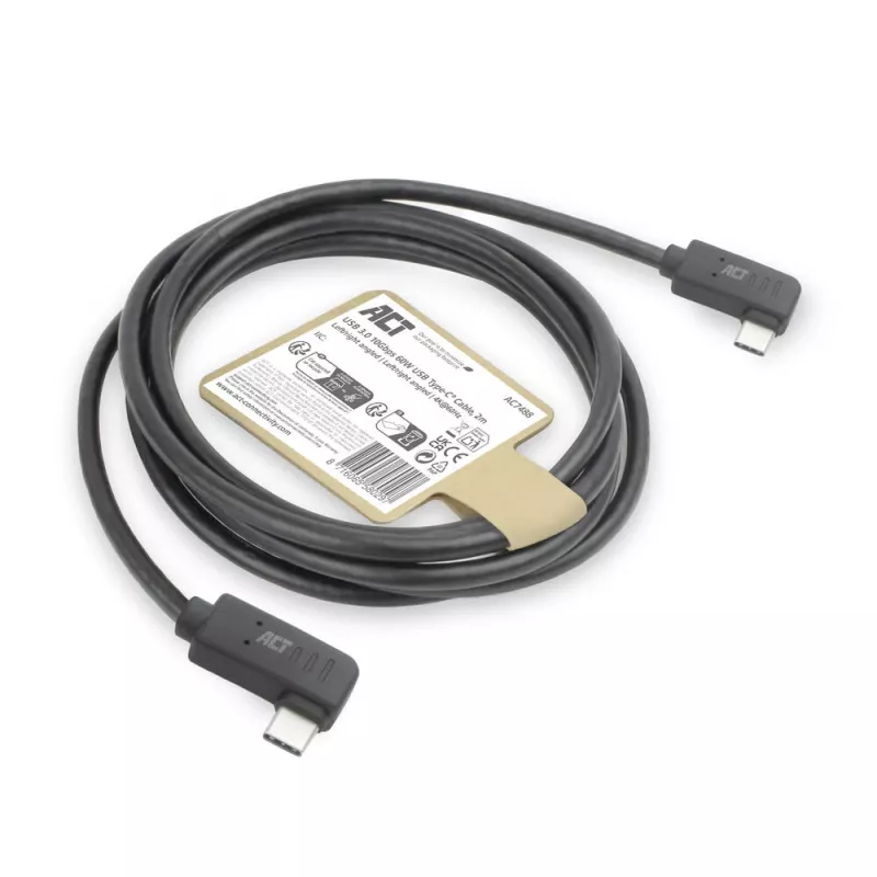 ACT USB 3.0 10Gbps 60W kábel USB Type-C® (ľavý/pravý zahnutý) na USB Type-C® (ľavý/pravý zahnutý), 2 metre