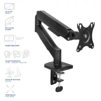 Monitor rameno ACT pre 35-palcové obrazovky, plynová pružina, jeden monitor, svorka/prechodka cez stôl, do 9 kg, VESA 75x75–100x100, náklon ±45°, čierny