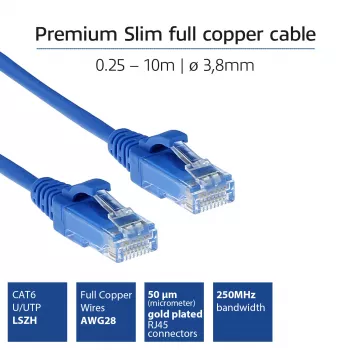 ACT modrý 1,5 metra LSZH U/UTP CAT6 Rechenzentrum Slimline patch kábel rastnasenfrei s RJ45 konektormi