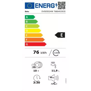 Úzka samostatne stojaca umývačka riadu BEKO DVS05024W — 10 súprav riadu, 45 cm, 49 dB, energetická trieda E