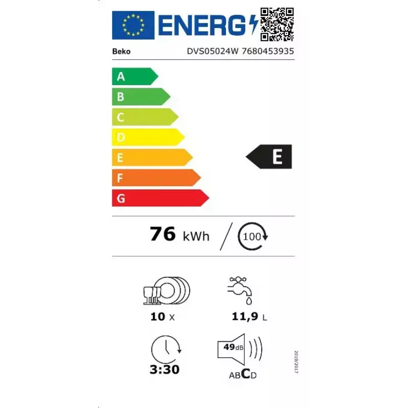 Úzka samostatne stojaca umývačka riadu BEKO DVS05024W — 10 súprav riadu, 45 cm, 49 dB, energetická trieda E