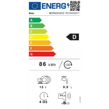 Voľne stojaca umývačka riadu BEKO BDFN26530X, plná veľkosť 60 cm, 15 súprav riadu, 44 dB, 6 programov