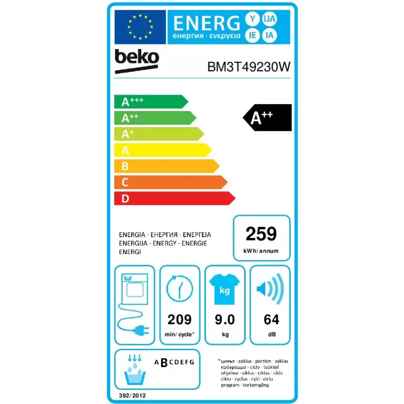 Beko BM3T49230W sušička bielizne voľne stojaca predné plnenie 9 kg A++ biela