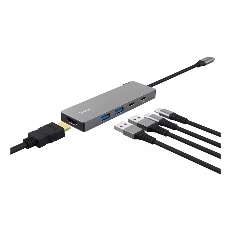 USB Type-C hub TRUST 26062 — HDMI + USB 3.2 Gen 1 Type-A & Type-C, sivý, 5 portov