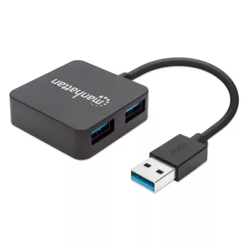 Manhattan USB-A 4-port hub, 4x USB-A porty, 5 Gbps (USB 3.2 Gen1 aka USB 3.0), USB napájaný (nie je potrebný externý napájací zdroj). Rýchle nabíjanie: 1 port až do 0,9 A; nabíjanie na 4 portoch vyžaduje externý napájací zdroj (nie je súčasťou balenia), zodpovedá ST4300MINU3B