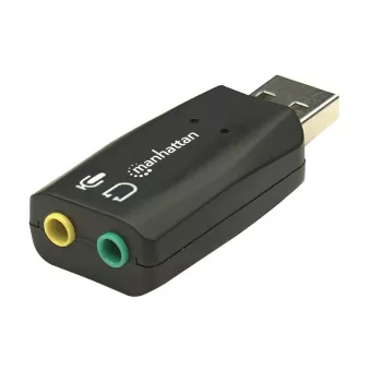Manhattan USB-A zvukový adaptér, USB-A na 3,5 mm mikrofónový vstup a audio výstup, 480 Mbit/s (USB 2.0), podporuje 3D a virtuálny 5.1 Surround Sound, Hi-Speed USB, čierny, trojročná záruka
