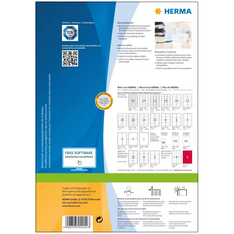 Adresné etikety Premium HERMA A4 38,1x21,2 mm 6500 ks