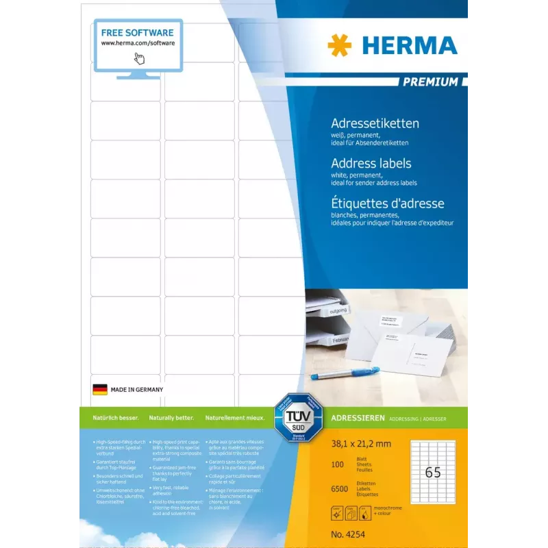 Adresné etikety Premium HERMA A4 38,1x21,2 mm 6500 ks