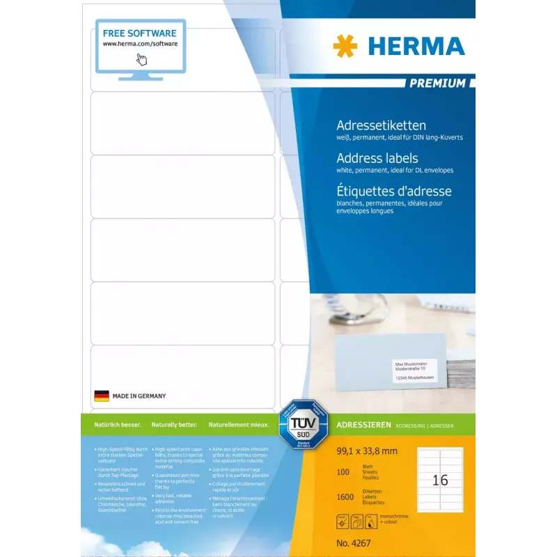 Adresné etikety samolepiace HERMA Premium A4 99,1x33,8 mm 1600 ks