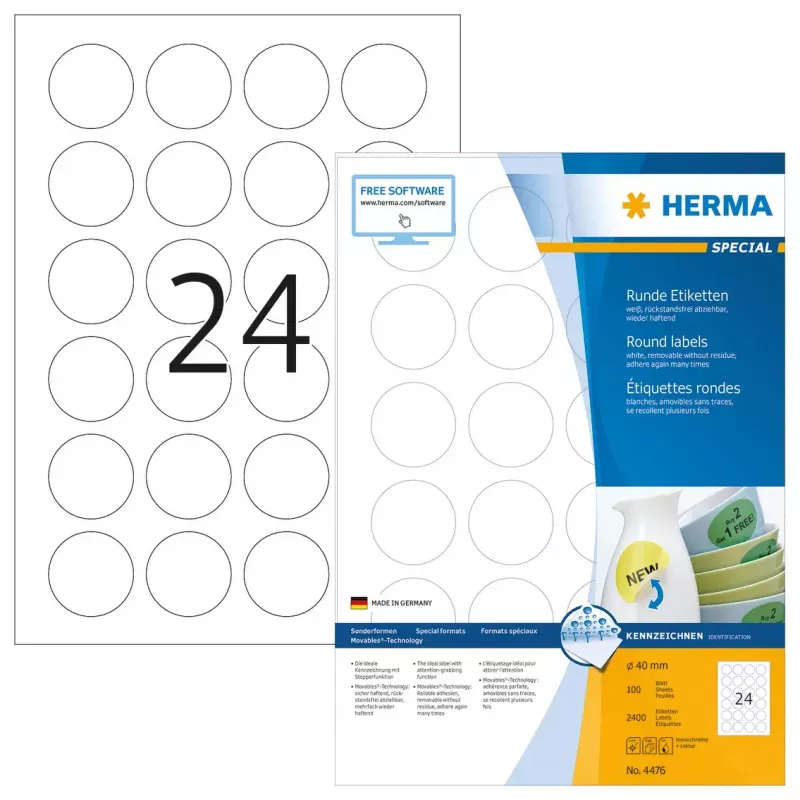 Samolepiace etikety HERMA odstrániteľné A4 Ø 40 mm 2400 ks
