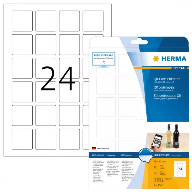 QR kód etikety HERMA 9642 A4 40x40 mm štvorcové biely papier