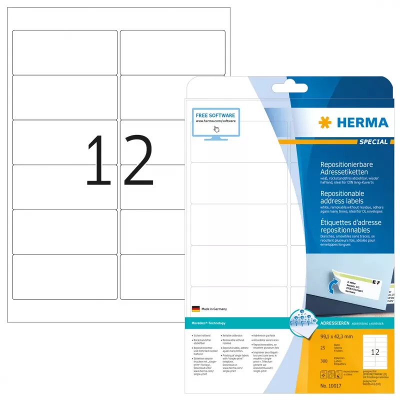 Odnímateľné adresné etikety HERMA 10017 A4 99,1x42,3 mm
