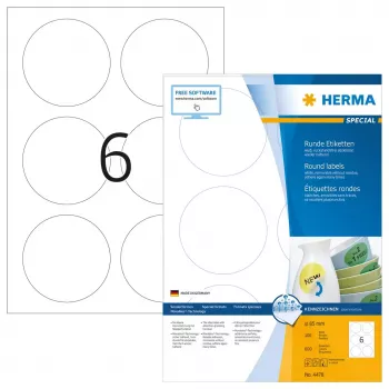 Odnímateľné etikety HERMA A4 Ø 85 mm okrúhle biela 600 ks