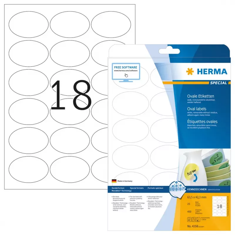 Samolepiace etikety HERMA odnímateľné A4 63,5x42,3 mm 450 ks