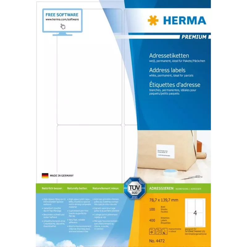Adresné etikety Premium HERMA 4472 A4 78,7x139,7 mm 400 ks