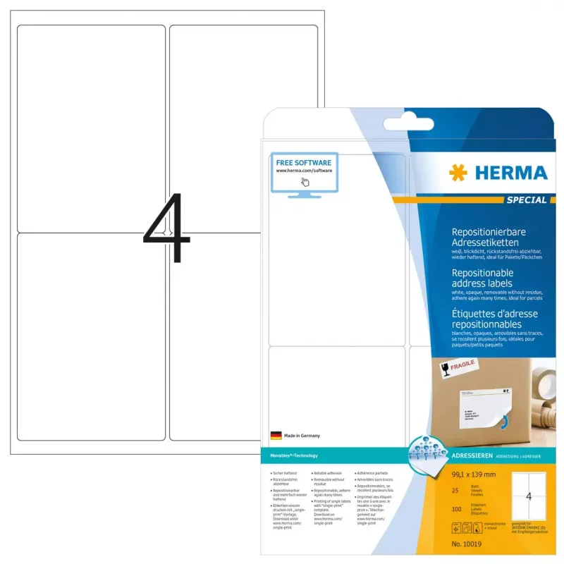 Opätovne odnímateľné adresné etikety HERMA 100 ks A4 99,1x139 mm