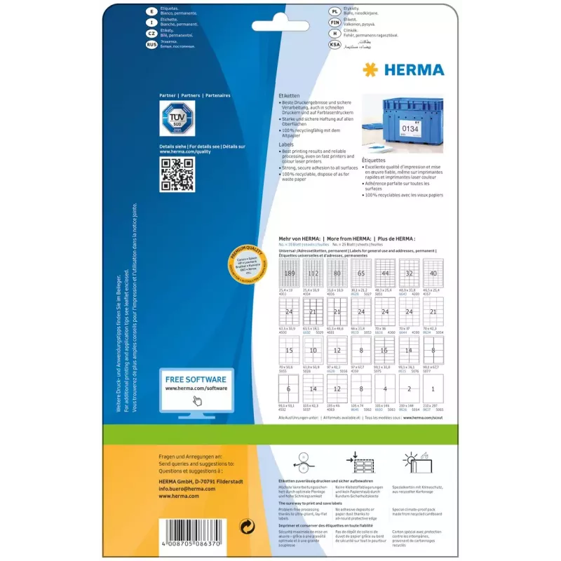 Samolepiace etikety do tlačiarne HERMA Labels Premium A4 210x297 mm biela papier matný 10 ks