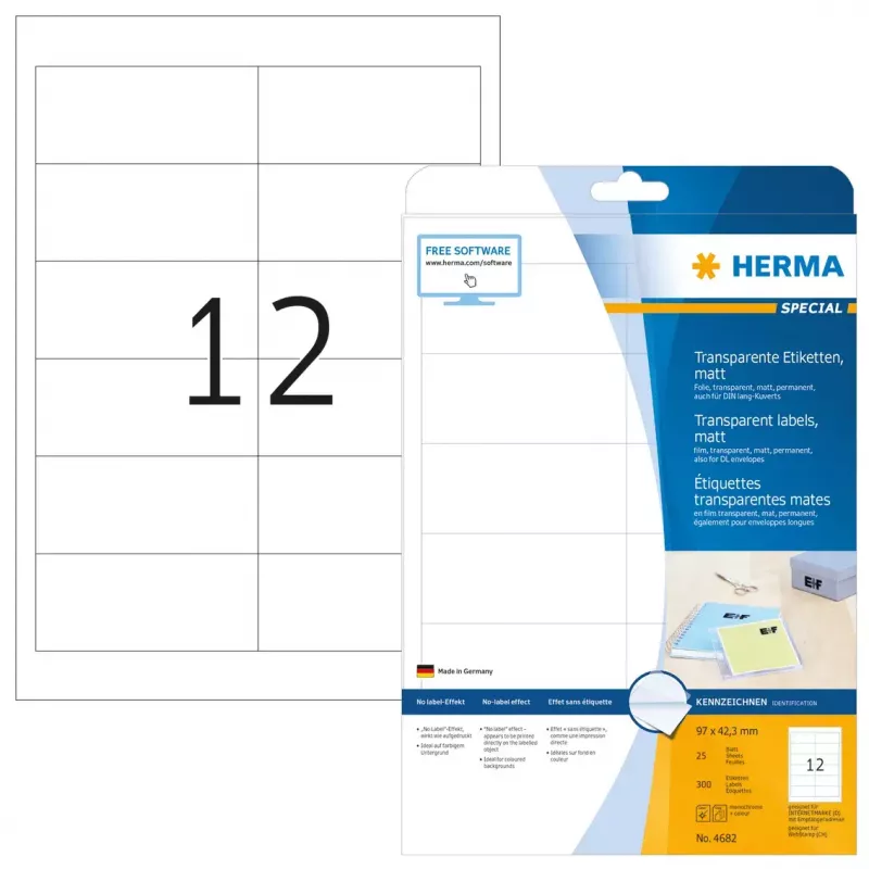 Samolepiace etikety HERMA Labels transparentné matné A4 97x42,3 mm fólia 300 ks