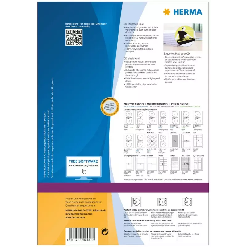 Samolepiace etikety do tlačiarne HERMA etikety na CD Maxi A4 Ø 116 mm