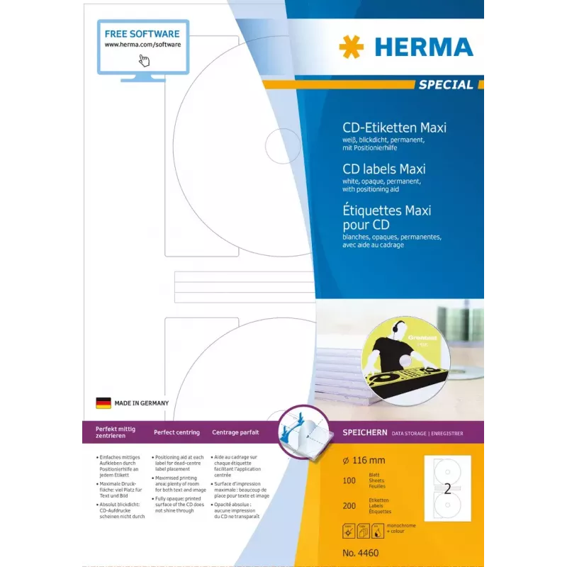 Samolepiace etikety do tlačiarne HERMA etikety na CD Maxi A4 Ø 116 mm