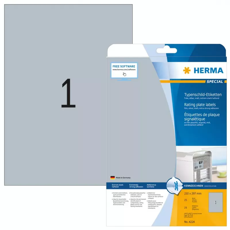 Etikety na typové štítky HERMA 4224 A4 210x297 mm strieborná