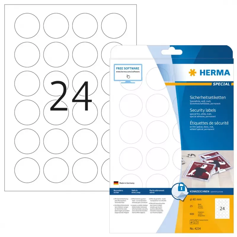 Samolepiaca etiketa do tlačiarne HERMA bezpečnostné etikety A4 Ø 40 mm okrúhle biela