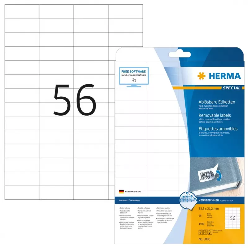 Odnímateľné etikety HERMA A4 52,5x21,2 mm biela 1400 ks