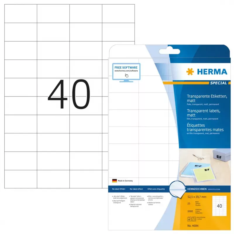 Samolepiaca tlačová etiketa HERMA Labels transparentná matná A4 52,5x29,7 mm fólia 1000 ks