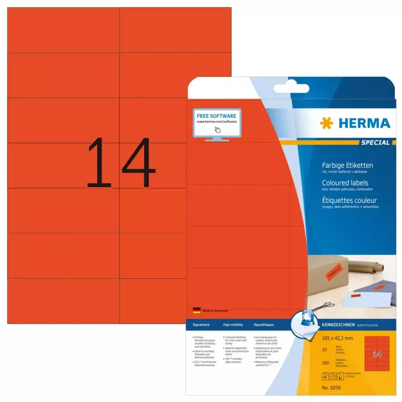 Samolepiace tlačové etikety HERMA farebné etikety A4 105x42,3 mm červená