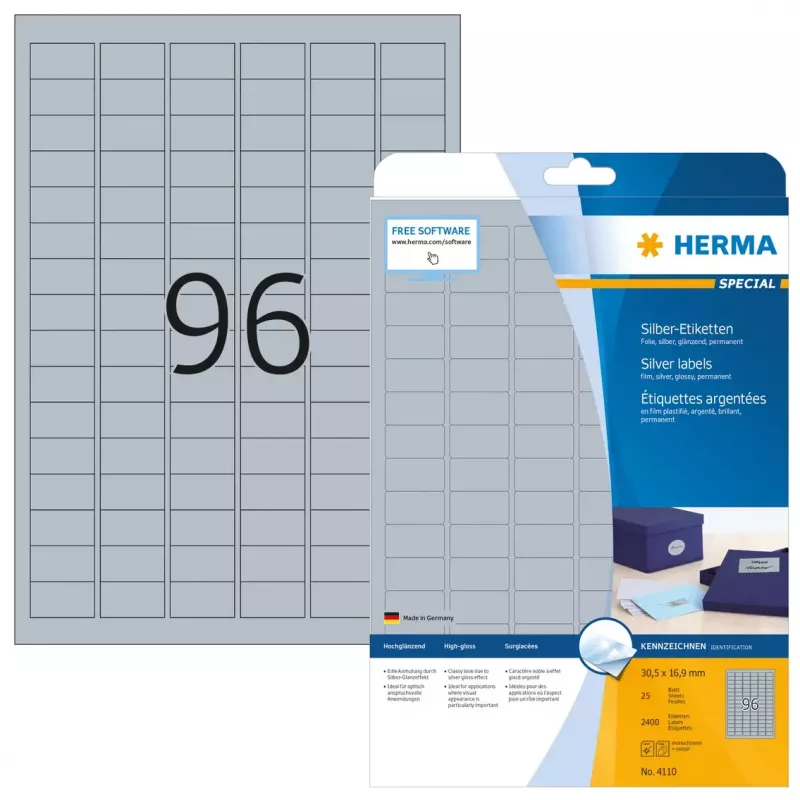 Samolepiace tlačové etikety HERMA Labels A4 30,5x16,9 mm strieborná lesklá fólia 2400 ks