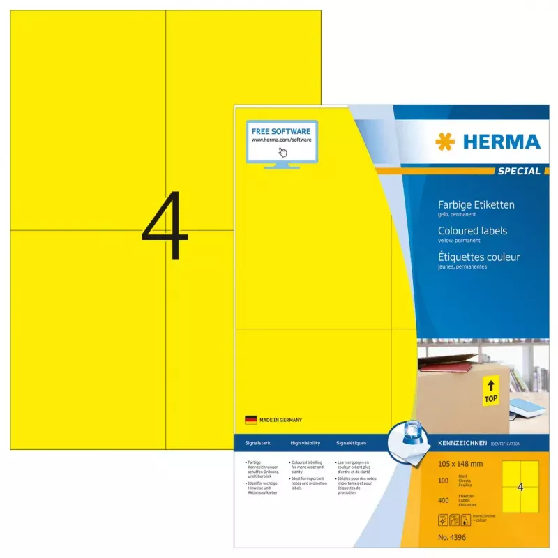 Samolepiace tlačové etikety HERMA Coloured Labels A4 105x148 mm žltá papier matný 400 ks