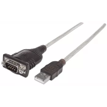 Manhattan USB-A na sériový konvertorový kábel, 45 cm, konektor samec na konektor samec, sériový/RS232/COM/DB9, čip FTDI FT232RL, kompatibilný s Windows 11 (plus predchádzajúce operačné systémy), čierno-strieborný kábel, trojročná záruka, zodpovedá ICUSB2321F.