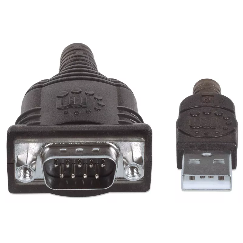Manhattan USB-A na sériový konvertorový kábel, 45 cm, konektor samec na konektor samec, sériový/RS232/COM/DB9, čip FTDI FT232RL, kompatibilný s Windows 11 (plus predchádzajúce operačné systémy), čierno-strieborný kábel, trojročná záruka, zodpovedá ICUSB2321F.