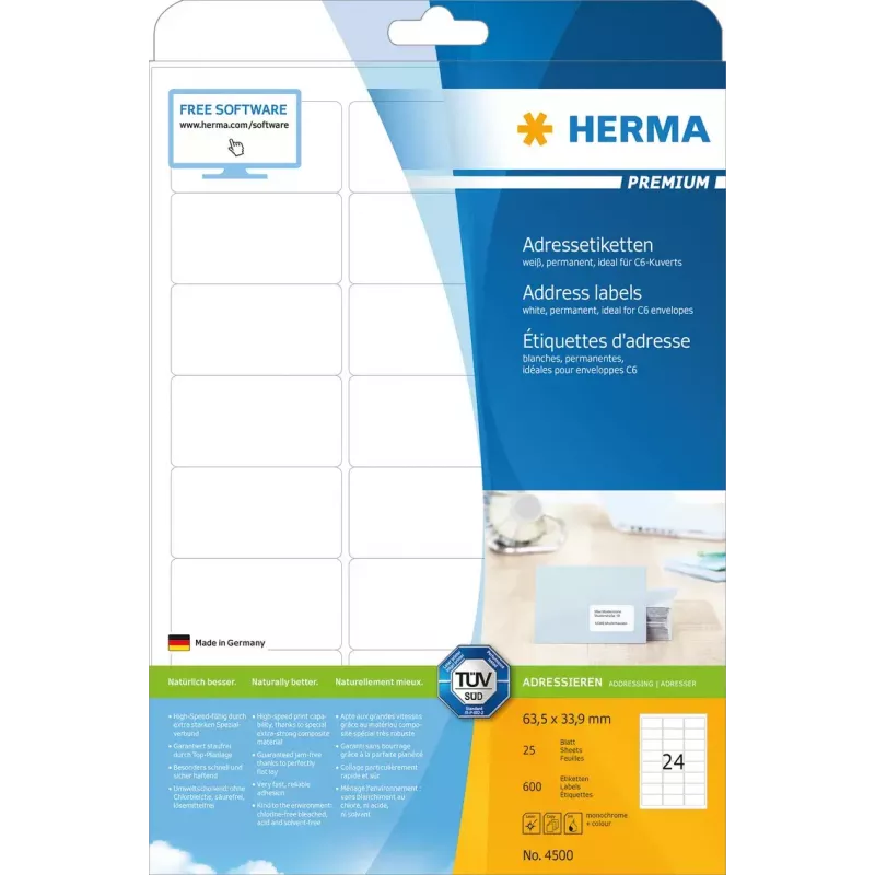 Adresné etikety Premium HERMA A4 63,5x33,9 mm 600 kusov
