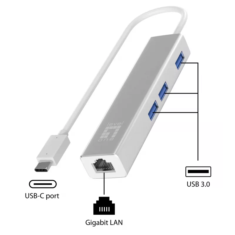 LevelOne gigabitový USB-C sieťový adaptér s USB hubom, káblový, USB Type-C, Ethernet, 1000 Mbit/s, strieborný