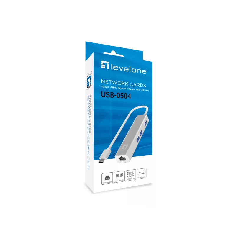 LevelOne gigabitový USB-C sieťový adaptér s USB hubom, káblový, USB Type-C, Ethernet, 1000 Mbit/s, strieborný