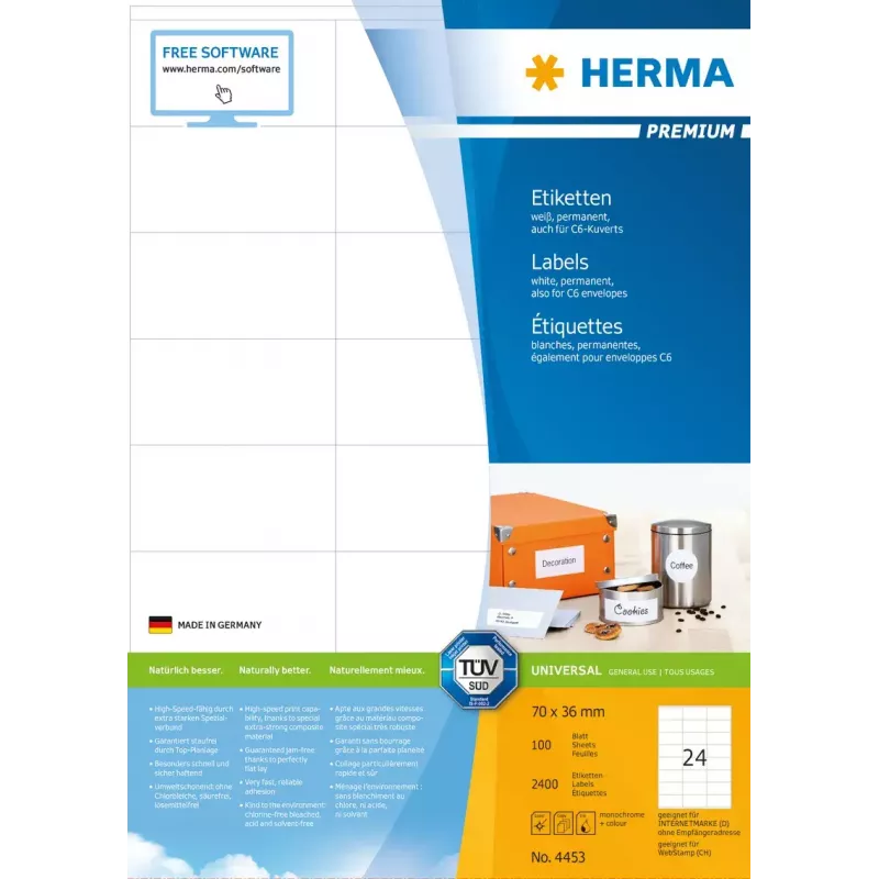 Samolepiace tlačové etikety HERMA Labels Premium A4 70x36 mm