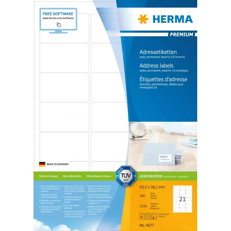 Adresné etikety HERMA Premium A4 63,5x38,1 mm 2100 ks