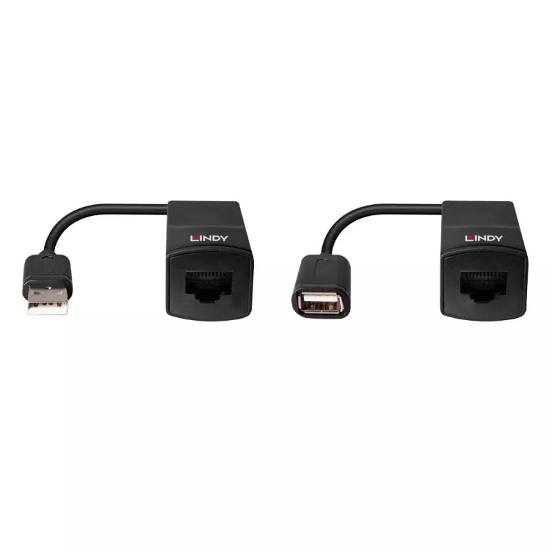 Lindy 60m USB 1.1 Cat.6 extender Basic, sieťový vysielač a prijímač, 60 m, 12 Mbit/s, Cat5e, Cat6, čierna, plast