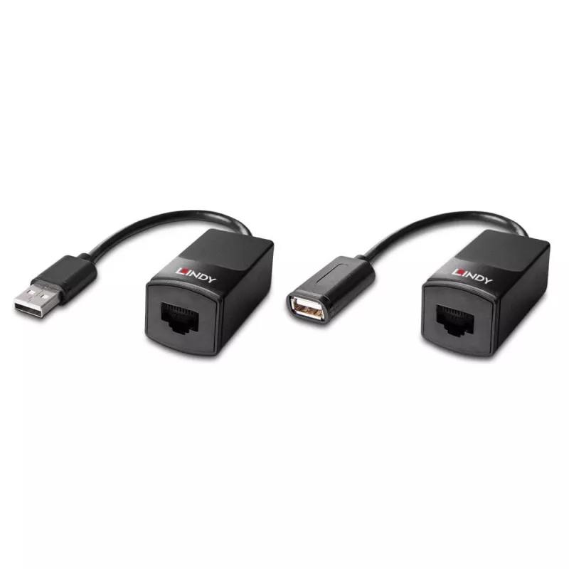 Lindy 60m USB 1.1 Cat.6 extender Basic, sieťový vysielač a prijímač, 60 m, 12 Mbit/s, Cat5e, Cat6, čierna, plast
