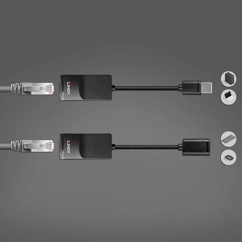 Lindy 60m USB 1.1 Cat.6 extender Basic, sieťový vysielač a prijímač, 60 m, 12 Mbit/s, Cat5e, Cat6, čierna, plast