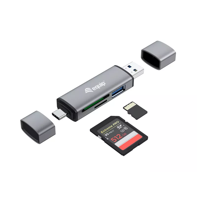Equip čítačka kariet s USB 3.0 hubom, OTG, MicroSD (TransFlash), MicroSDHC, SD, SDHC, sivá, CE & RoHS, USB 3.2 Gen 1 (3.1 Gen 1) Type-A/Type-C, 202 mm, 12 mm