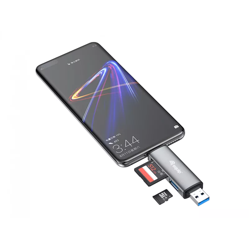 Equip čítačka kariet s USB 3.0 hubom, OTG, MicroSD (TransFlash), MicroSDHC, SD, SDHC, sivá, CE & RoHS, USB 3.2 Gen 1 (3.1 Gen 1) Type-A/Type-C, 202 mm, 12 mm