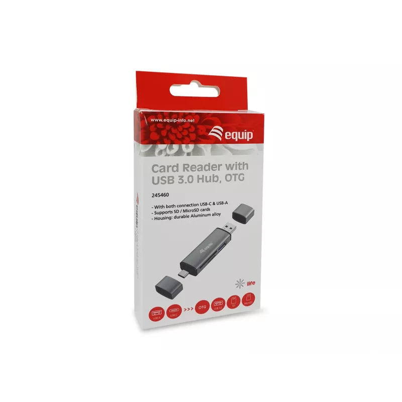 Equip čítačka kariet s USB 3.0 hubom, OTG, MicroSD (TransFlash), MicroSDHC, SD, SDHC, sivá, CE & RoHS, USB 3.2 Gen 1 (3.1 Gen 1) Type-A/Type-C, 202 mm, 12 mm