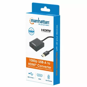 Manhattan USB-A na HDMI kábel, 1080p@60Hz, konvertuje USB 3.2 Gen1 (známy aj ako USB 3.0) signál na HDMI, 15 cm, čierny, konektor samec na konektor samica, trojročná záruka
