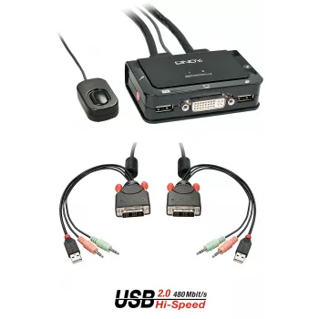 Lindy 2-portový DVI-D Single Link, USB 2.0 a audio KVM prepínač Compact