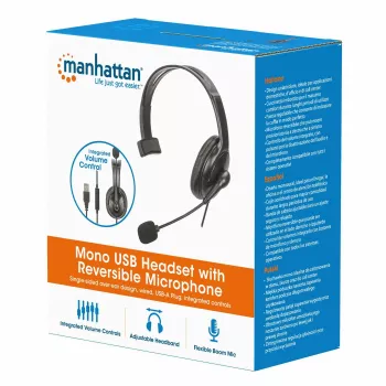 Manhattan mono over-ear headset (USB), reverzibilný mikrofónny boom (polstrovaný), maloobchodné balenie, in-line ovládanie hlasitosti/stlmenia, polstrovaná ušná mušľa, USB-A pre zvuk a mikrofón, kábel 2 m, trojročná záruka