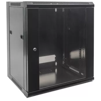 Intellinet 19-palcový sieťový rozvádzač - nástenná montáž (štandard), 12HE, hĺbka 600 mm, čierny, rozložený, max. 60 kg, vhodný aj na umiestnenie na stôl alebo podlahu, využiteľná hĺbka 410 mm, kovové a sklenené dvere, zadná stena, odnímateľné bočné steny, montážne diely na stenu (napr. skrutky/hmoždinky) nie sú súčasťou balenia