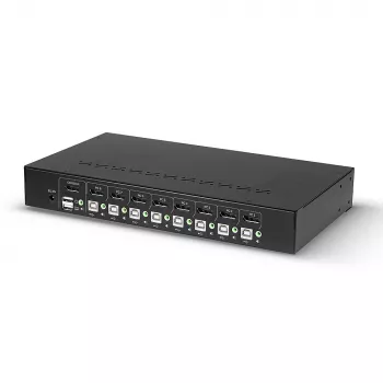 Lindy 8 portový DisplayPort 1.2, USB 2.0 a Audio KVM prepínač, 3840 x 2160 pixelov, 4K Ultra HD, racková montáž, 1U, čierny