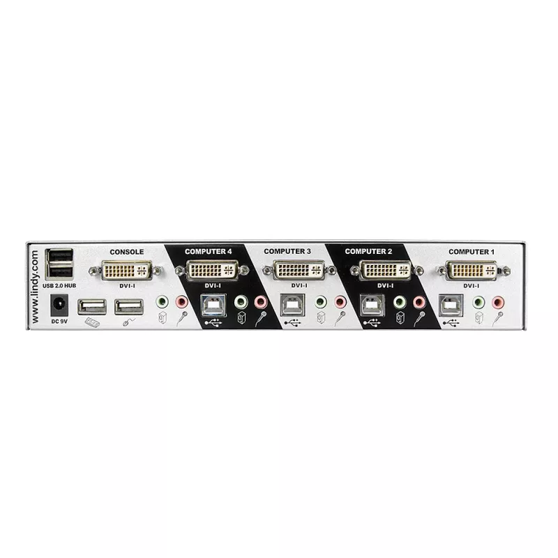 Lindy 39337 4-portový KVM prepínač Pro DVI-I Single Link, USB 2.0 a zvuk, strieborný